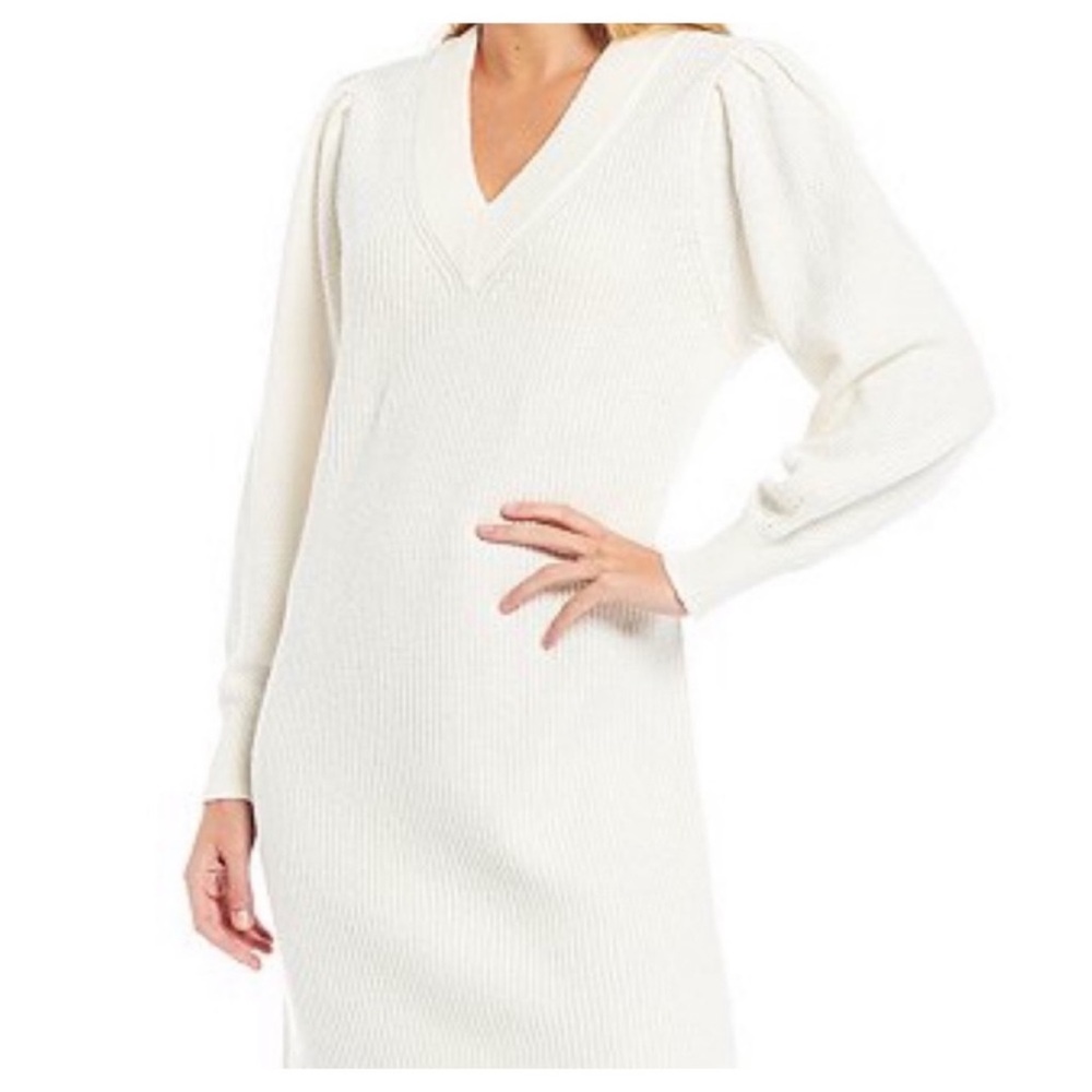 Chelsea & Violet Puff Sleeve V-Neck Sweater Dress in Antique White